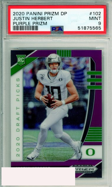 2020 PANINI PRIZM DRAFT PICKS JUSTIN HERBERT #102 PURPLE PRIZM ROOKIE PSA 9 MINT