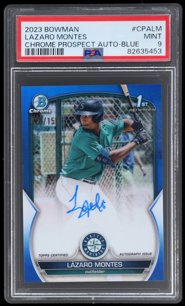 2023 Bowman Lazaro Montes Chrome Prospect Autograph Blue Refractor PSA 9
