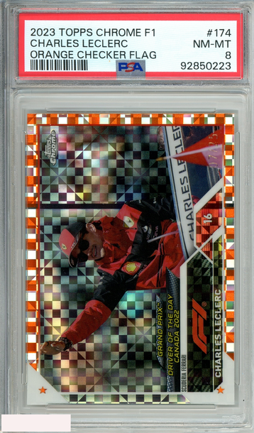 2023 TOPPS CHROME F1 CHARLES LECLERC#174 ORANGE CHECKER 7 OF 25 PSA 8 NM-MT
