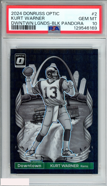 2024 DONRUSS OPTIC DOWNTOWN LEGENDS KURT WARNER #2 BLACK PANDORA 3 OF 25 PSA 10