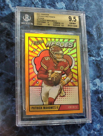 2021 Patrick Mahomes Prestige Heroes Xtra Points No. HE-3 Orange Jersey Number 15/75 BGS 9.5