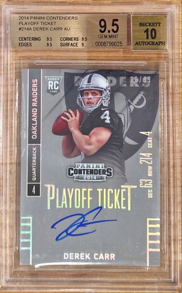 2014 Panini Contenders Playoff Ticket #214A Derek Carr Auto /99 BGS 9.5/10 RC Rookie