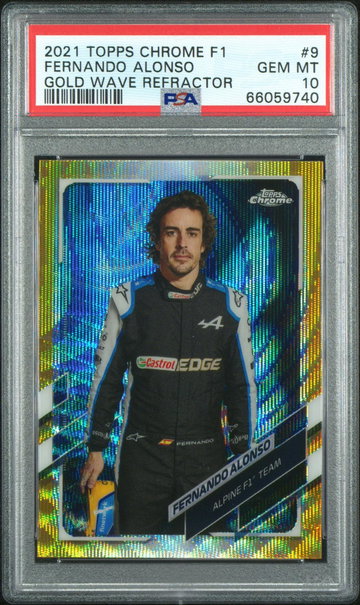 2021 Topps Chrome Formula 1 Gold Wave Refractor Fernando Alonso #9 /50 50/50 PSA 10