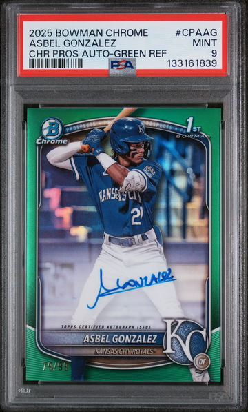 2025 Bowman Chrome Prospect Autograph Green Refractor Asbel Gonzalez #CPAAG /99 PSA 9