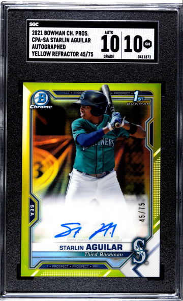 2021 Bowman Chrome STARLIN AGUILAR Yellow Refractor Auto /75 SGC 10 Gem Mint MARINERS