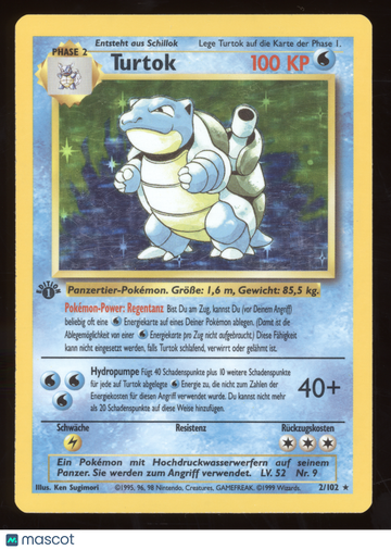 1999 Pokemon Base Set Blastoise (Turtok) Holo Rare German 1st Edition #2/102