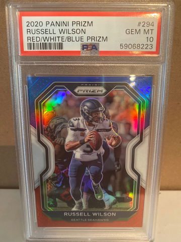 2020 Panini Prizm Russell Wilson Red/White/Blue Prizm Card #294 PSA 10 GEM MT