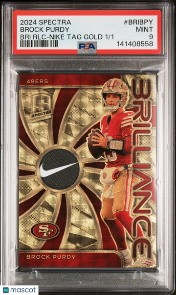 2024 Panini Spectra Brilliance Relic Brock Purdy #BRIBPY RLC Nike TAG Gold /1 PSA 9