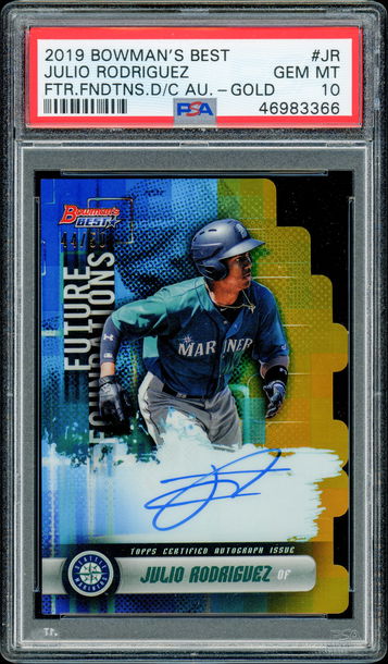 2019 Bowman's Best Julio Rodriguez Future Foundations Gold Prospect RC Die-Cut Auto JRSY #'d 44/50 - PSA 10 1/1