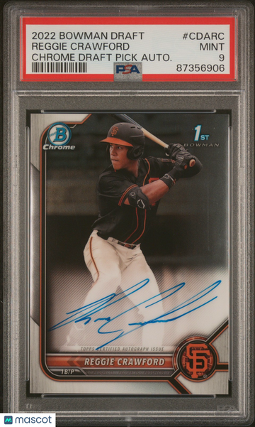 2022 Bowman Draft Chrome Draft Pick Autographs Reggie Crawford #CDARC Chrome Draft Pick Auto. PSA 9