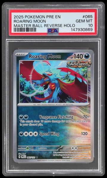 2025 Pokemon Scarlet And Violet Prismatic Evolutions Roaring Moon Master Ball Reverse Holo PSA 10