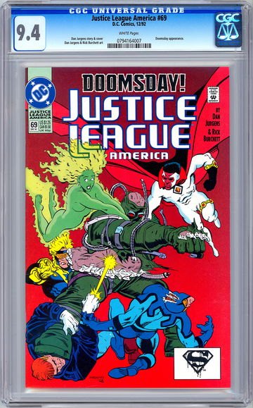 JUSTICE LEAGUE AMERICA #69 CGC 9.4 *DOOMSDAY BATTLES JLA* DEATH OF SUPERMAN 1992
