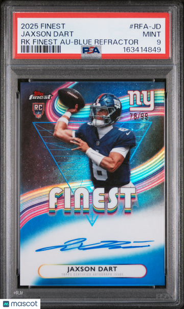 2025 Topps Finest Rookie Finest Autographs Jaxson Dart RK Blue Refractor 78/99 #RFA-JD PSA 9