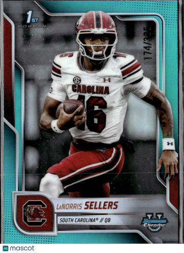 LaNorris Sellers 2025 Bowman Chrome University 1st Bowman Teal Refractor South Carolina Gamecocks