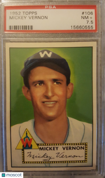 Graded 1952 Topps #106 Mickey Vernon Base Set PSA 7.5 Washington Senators Baseball Card