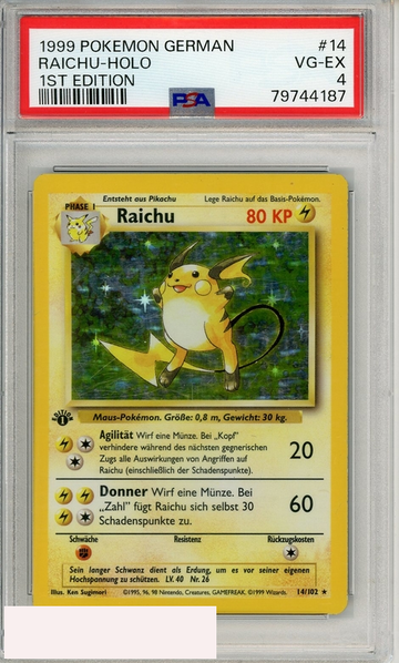 1999 POKEMON GERMAN RAICHU-HOLO #14 1ST EDITION PSA 4 VG-EX