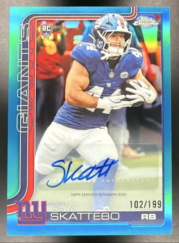 2025 Topps Chrome Cam Skattebo #RA-CS Rookie Auto Aqua Refractor /199 RC