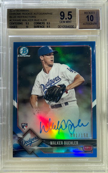 Walker Buehler 2018 bowman chrome blue refractor  rc rookie autograph  #/150 BGS 9.5 10