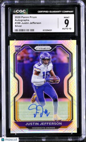 Graded 10 Justin Jefferson 2020 Panini Prizm Silver Prizm Auto RC #398 Vikings Football Card