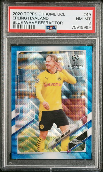 2020 TOPPS CHROME UEFA UCC ERLING HAALAND #/75 BLUE WAVE REFRACTOR #49 PSA 8