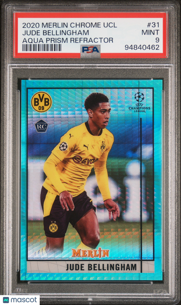 2020 Topps Merlin Chrome UEFA Champions League Jude Bellingham #31 Aqua Prism Refractor PSA 9