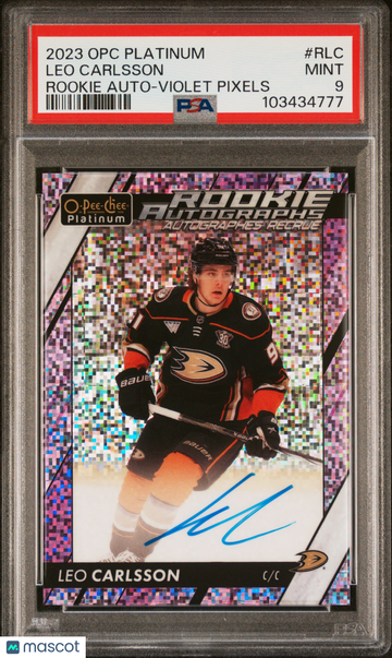 2023-24 O-Pee-Chee Platinum Rookie Autographs Leo Carlsson #RLC Violet Pixels /99 Rookie PSA 9