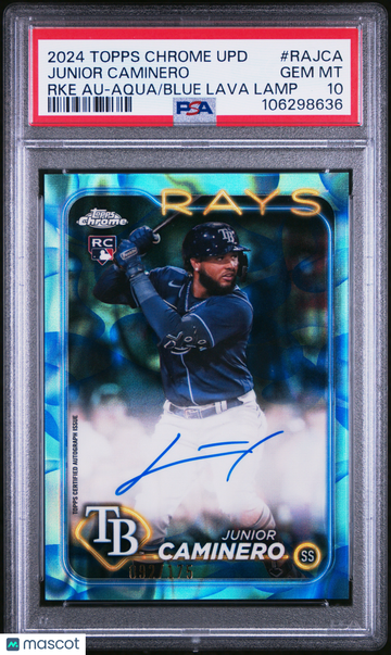 2024 Topps Chrome Update Chrome Rookie Autographs Junior Caminero #RAJCA RKE Aqua Blue Lava Lamp /175 PSA 10