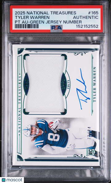 2025 Panini National Treasures Tyler Warren #165 PT Au Green Jersey Number /84 PSA A