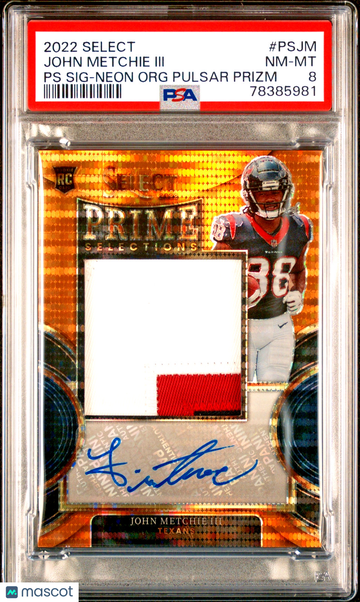 2022 Panini Select John Metchie III #PS-JM Neon Orange Pulsar Prizm Parallel/Variety Rookie /30 Memorabilia Insert PSA 8