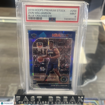 2019-20 Panini NBA Hoops Premium Stock Zion Williamson #258 Blue Cracked Ice Short Print Parallel/Variety Rookie PSA 9