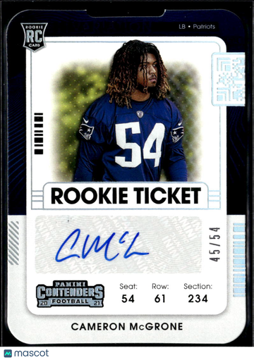 Cameron McGrone 2021 Panini Contenders Football RC Auto /54 New England Patriots
