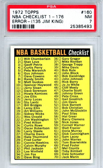 1972 Topps Basketball #160 NBA Checklist 1-176 Error- (135 Jim King) PSA 8 NM-MT