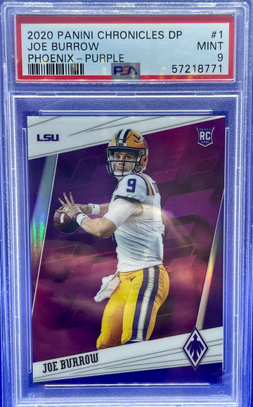 2020 PANINI CHRONICLES DRAFT JOE BURROW RC PHOENIX PURPLE PSA 9 MINT SP /99 LSU