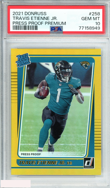 2021 PANINI DONRUSS TRAVIS ETIENNE JR#258 PRESS PROOF PREMIUM RC PSA 10 GEM MT