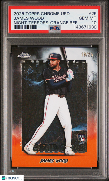 2025 Topps Chrome Update Night Terrors James Wood #25 Orange Ref /25 PSA 10