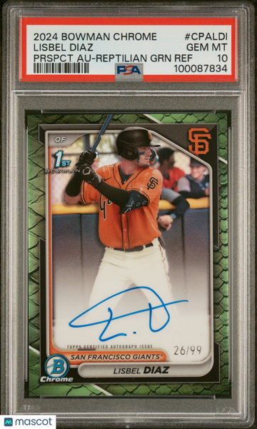 2024 Bowman Chrome Prospect Autographs Lisbel Diaz #CPALDI Prspct Reptilian GRN Ref /99 PSA 10