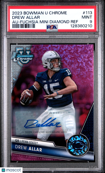 2023 Bowman University Chrome Drew Allar #113 Au Fuchsia Mini Diamond Ref PSA 9