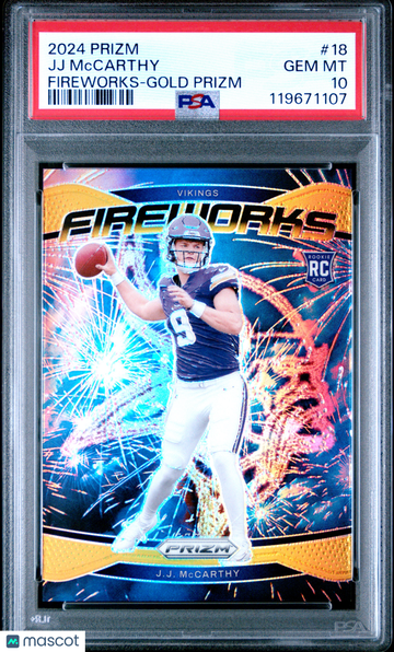 2024 Panini Prizm Fireworks JJ Mccarthy #18 Gold /10 PSA 10