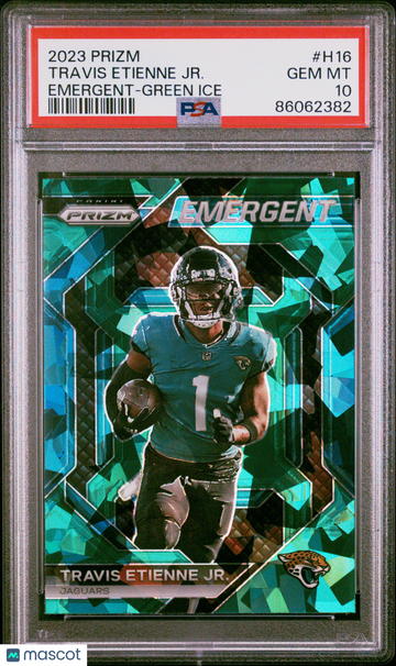 2023 Panini Prizm Emergent Travis Etienne JR. #H16 Green Ice Rookie PSA 10