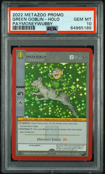 💎🤑 2022 Metazoo Promo GREEN GOBLIN 😈-FULL HOLO PAYMONEYWUBBY 💵🌲 PSA 10 🤡