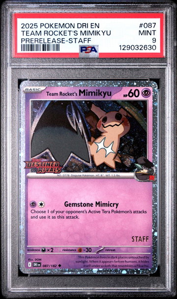 2025 Pokemon Scarlet and Violet Destined Rivals Prerelease Staff Team Rocket's Mimikyu #087 PSA 9