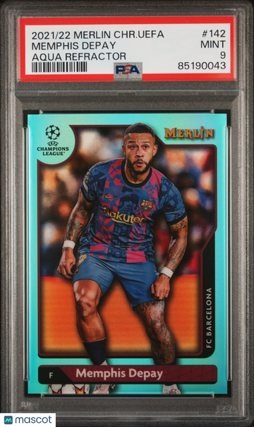 2021-2022 Topps Merlin Chrome UEFA League Memphis Depay #142 Aqua Refractor PSA 9