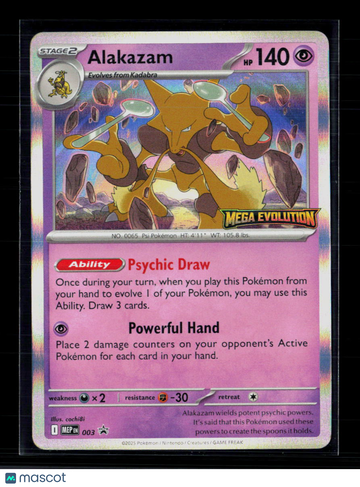 2025 Pokemon Mega Evolution Alakazam Holo Rare #003 Trading Card