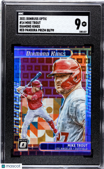 Graded SGC 9 2021 Donruss Optic Mike Trout #14 Diamond Kings Red Pandora Prizm Baseball Card