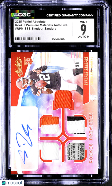 Graded 9 2025 Panini Absolute Shedeur Sanders Memorabilia Signature Rookie Football Card