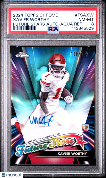 2024 Topps Chrome Future Stars Autographs Xavier Worthy #FSAXW Aqua Ref /199 PSA 8