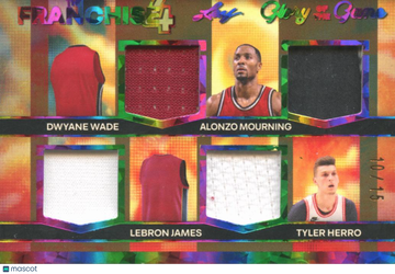 2025 Leaf Glory of the Game The Franchise 4 Alonzo Mourning LeBron James Tyler Herro Dwyane Wade #TF-15 /15 Quad Jersey