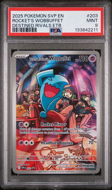 2025 Pokemon Scarlet and Violet Black Star Promo Destined Rivals Elite Trainer Box Team Rocket's Wobbuffet #203 PSA 9