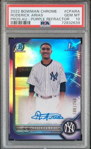 2022 Bowman Chrome Roderick Arias Autograph Purple Refractor 1st AUTO /250 PSA 10