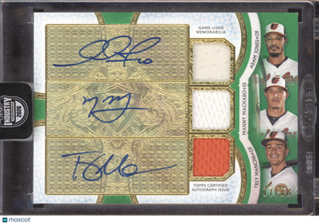 2018 Topps Triple Threads Manny Machado Adam Jones Trey Mancini #ARC-AMT Green /18 Autograph Relic Combo Card